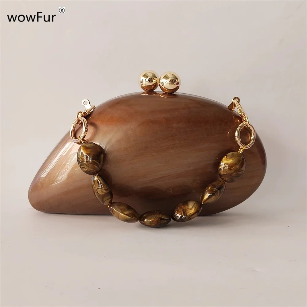 Irregular dumping solid brown coffee acrylic box clutch bead handbag womens shoulder evening beach party 250326