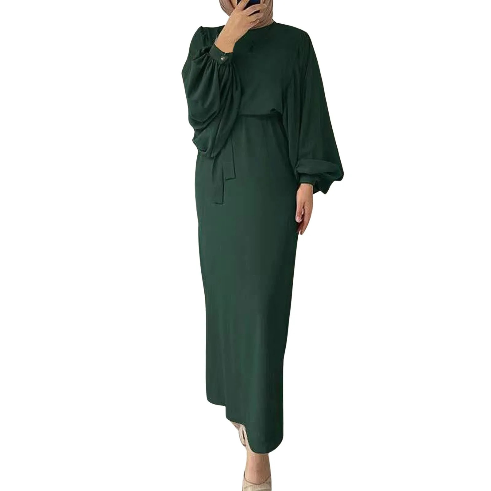 Womens Muslim Digital Elegant Long Sleeve Casual Dress Solid Color Robe with S4XL Belt 250326