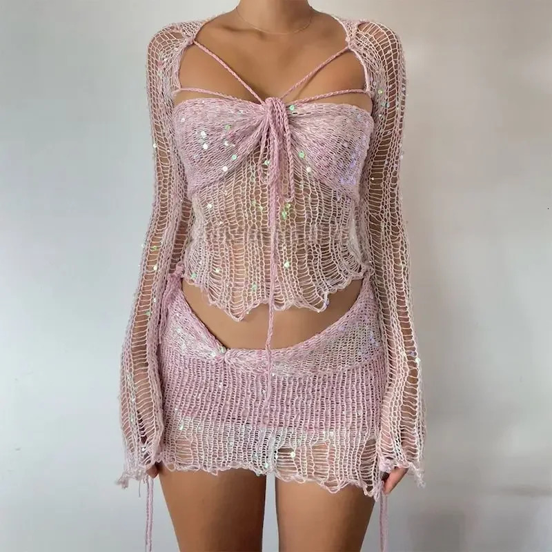 Sexy sequin knitted hollow two-piece set womens long sleeved cut top mini skirt fashionable womens clothing 250326