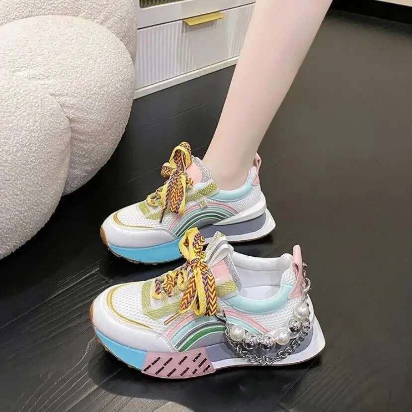 Designer Shoes 2025 New High Quality Leather Sports Shoes Lace Rainbow Platform Pearl Chain Decoration Fashion Vulcanized Shoes For Women