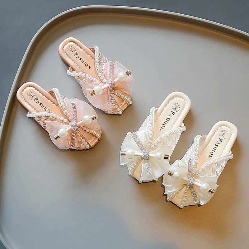 Slipper Jlong childrens pearl net butterfly bow sandals with soft non slip sole suitable for outdoor children girls princesses and indoor sneakers S25