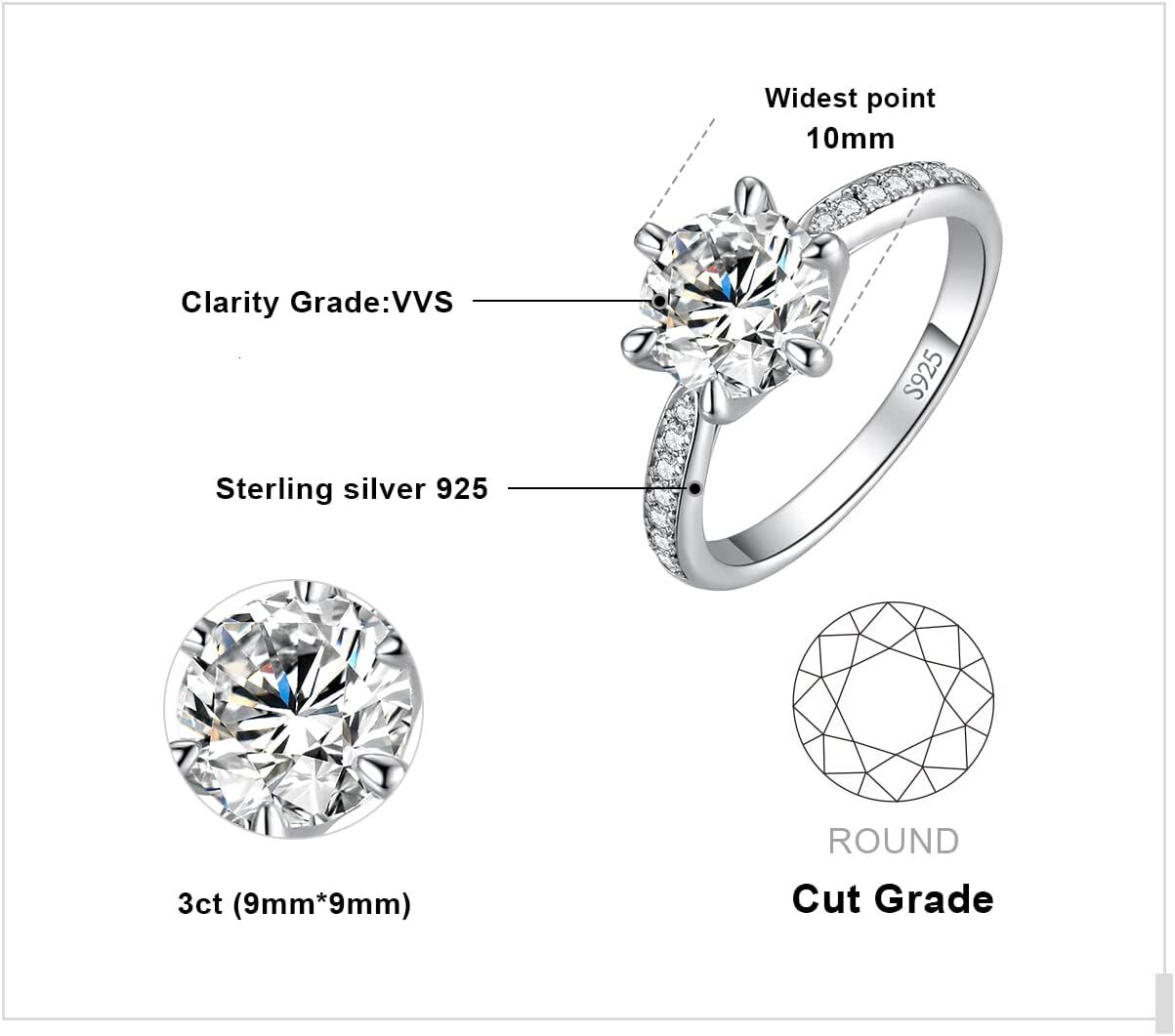 JewelryPalace Classic 1ct 2ct 3ct Moissanite Solitaire Engagement Rings for Women 925 Sterling Silver Promise Ring for Her Round Cut Simulated Diamond
