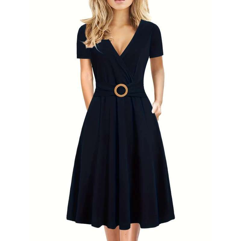 Dongdumaoyi Dames Elegante Normale Pasvorm Met Riem Zomer Casual Werk Kerk Theejurk Zakken Polyester Elastaan WD