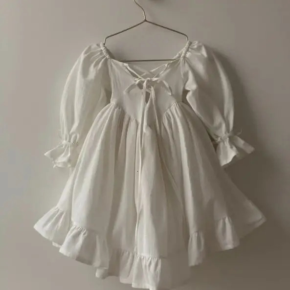 Kids Puff Sleeve White Dress Girls Cotton Linen Lolita Princess Dresses for Birthday Evening Party Clothes 2 4 6 8 Years Old 250326