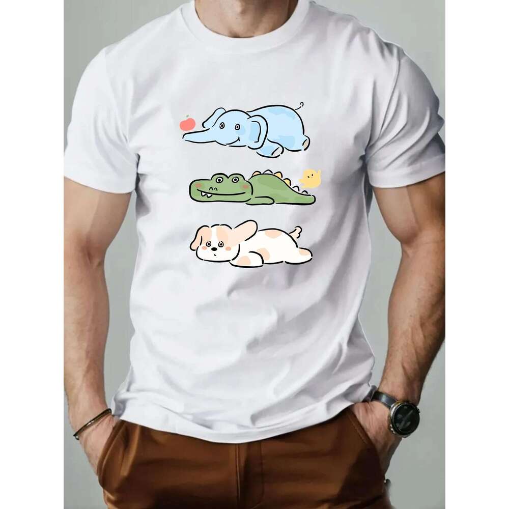 Men s round neck short sleeved T shirt cotton cartoon print casual summer fashion high quality gymnastics