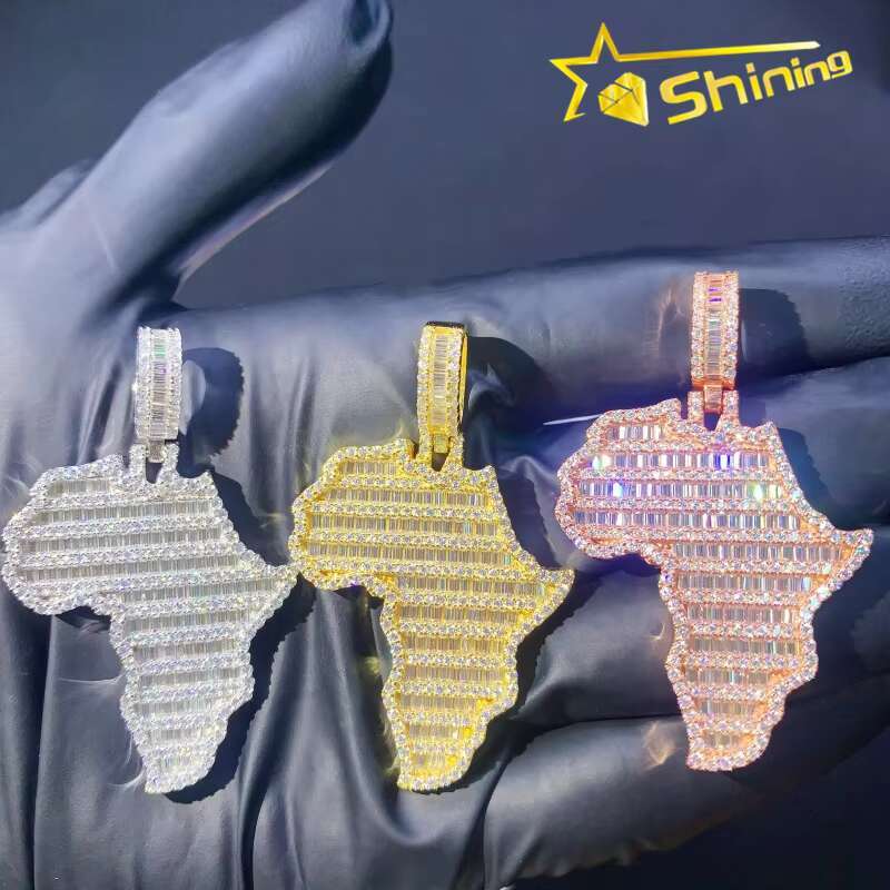 Hip Hop Map Moissanite Pendant Custom Iced Out 925 Sterling Silver VVS Moissanite Pendant Charms Necklace
