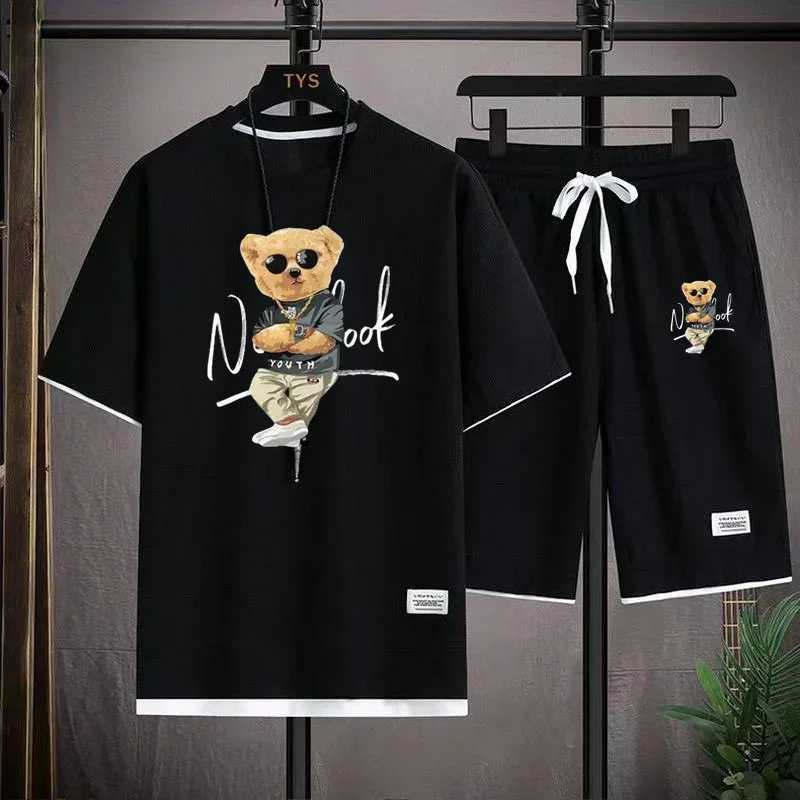 Fashion mens sportswear summer Harajuku casual short sleeved O-neck T-shirt and sports shorts 3D bear print 2-piece setXJ250326