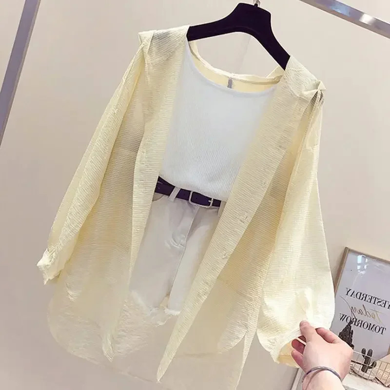 Summer Womens Versatile Thin Long Sleeve Loose Breathable Ultra Sunscreen Hoodie Ice Silk Coat 250326