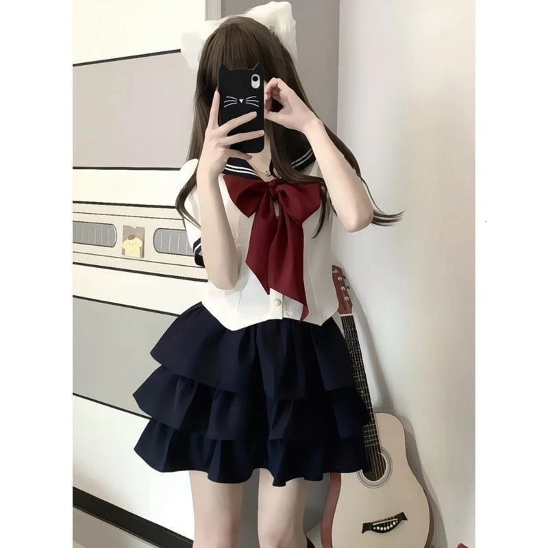 Japanese school uniform Jk Plus size S8XL sailor Korean preparatory girls navy bow pommel womens ski suit 250326