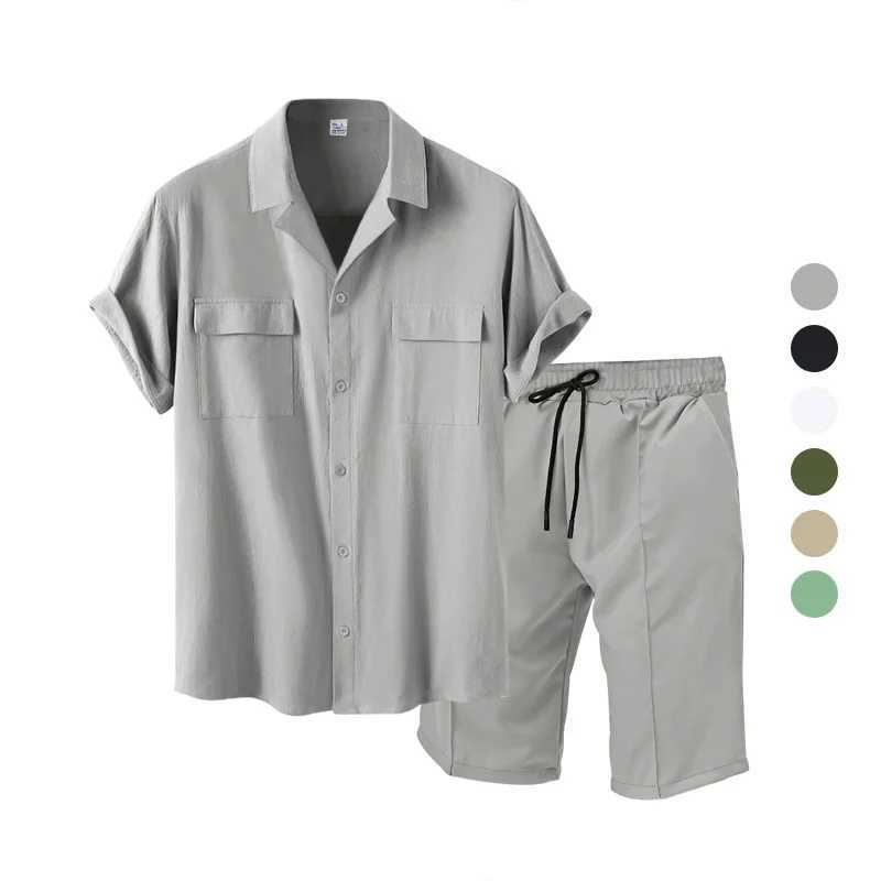 Casual and fashionable mens summer beach style solid color mens short sleeved and two-piece mens clothingXJ250326