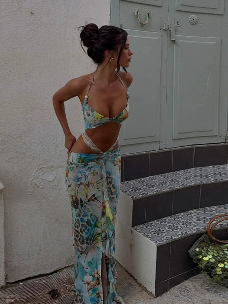 Women Sexy Print Bikini Patchwork Ruffles Long Dress Fashion Hollow Out Off Shoulder Slim Halter Vestido Lady Beach Clubwear 250322bj