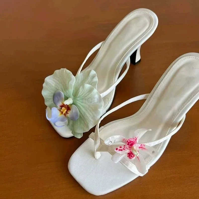 French Handmade Asymmetrical Flower Sandals For Wen New Satin Clip- Stiletto Half-slip High H Beach Flip-flops Shoes Z250327