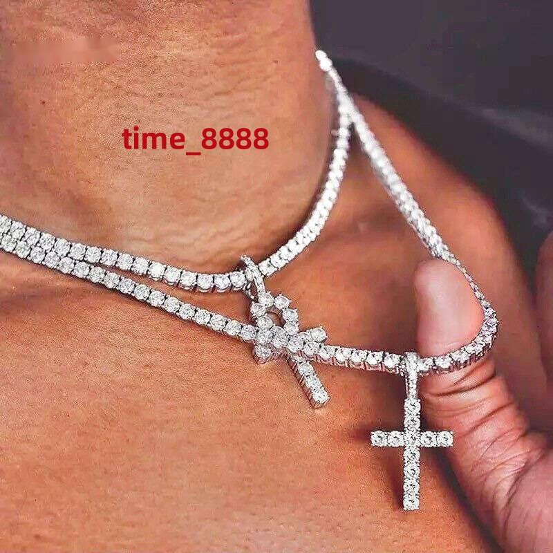 Pass Tester Sterling Sier VVS Moissanite Diamond Ankh Cross Pendant 4mm Tennis Chain Necklace Jewelry Set