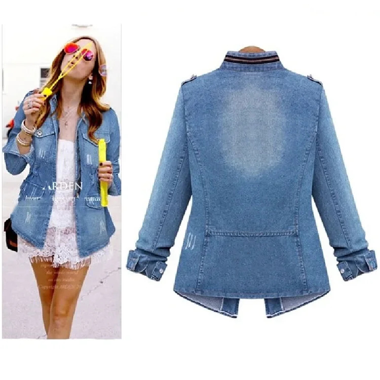 Womens elegant denim jacket summer style slim fit stand up collar smooth silhouette wholesale of womens clothing 250326