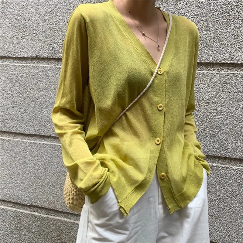 Womens cardigan top Korean long sleeved summer Vneck thin knit sun protection shirt sweater Blusas Mujer E600 250326
