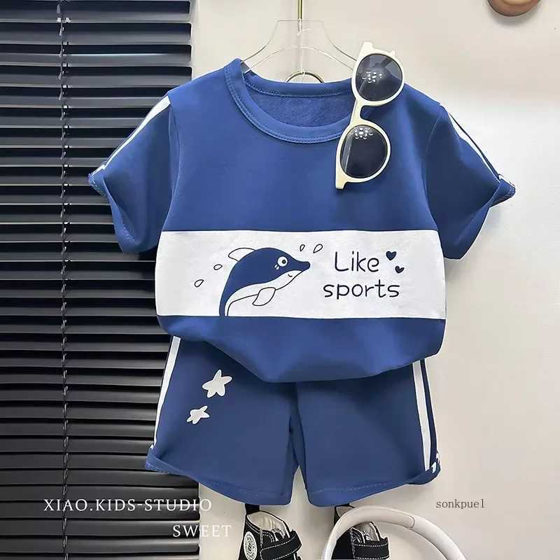 2Pcs Cartoon Bear Childrens Short Sleeve Set Summer Childrens Clothing Boys and Girls Baby Thin Cotton T-shirt Track Set Fashion SetT250327