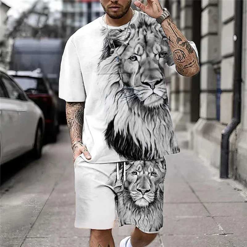 3D Lion Print Mens Cool T-shirt Set Summer Mens Set Street Style Oversized Graphics 2PCS Mens ClothingXJ250326
