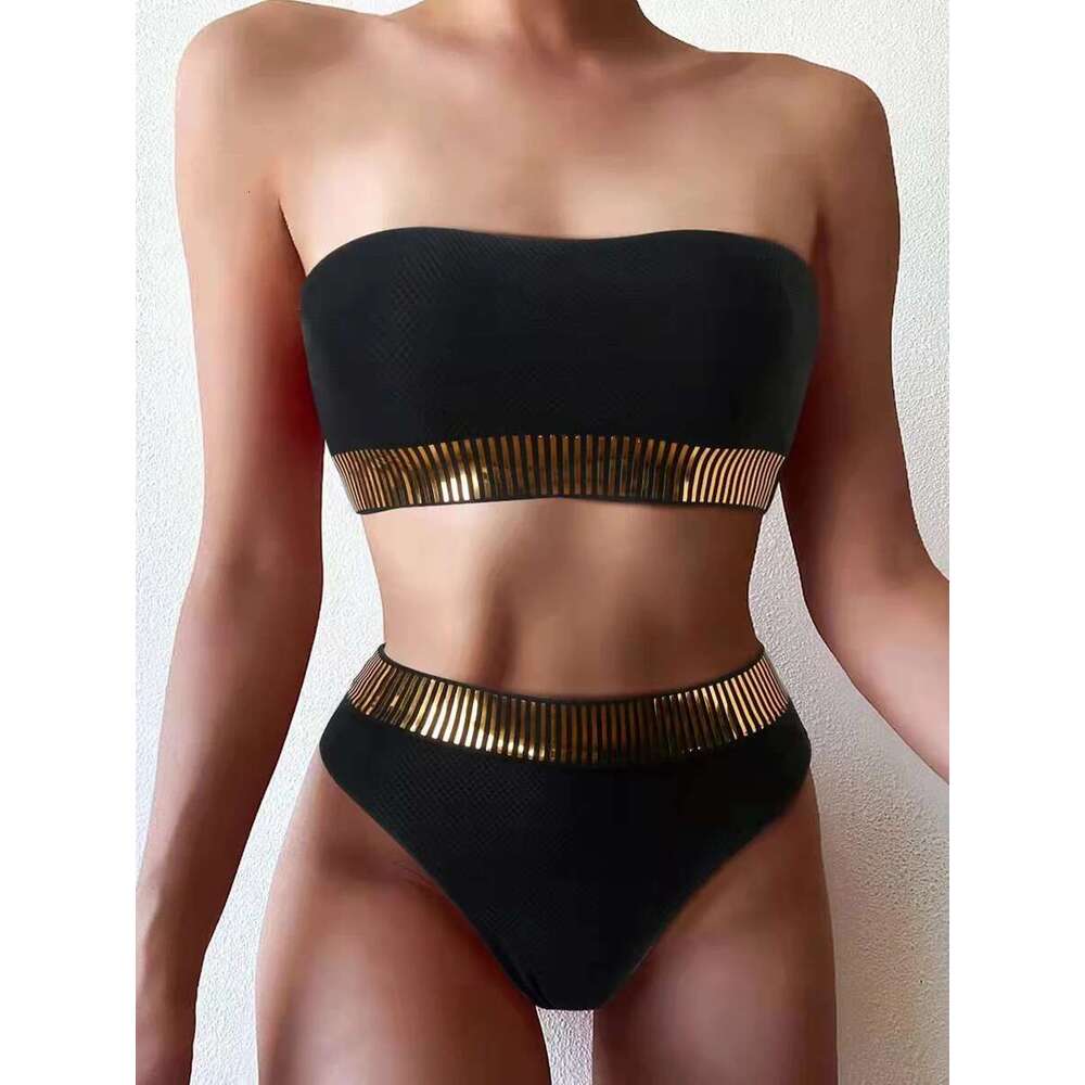Bandeau High Sexy Waist Bikini 2025 Women Triangle Swimsuit Detail Swimwear Padded Bathing Suit Female Solid Beachwear