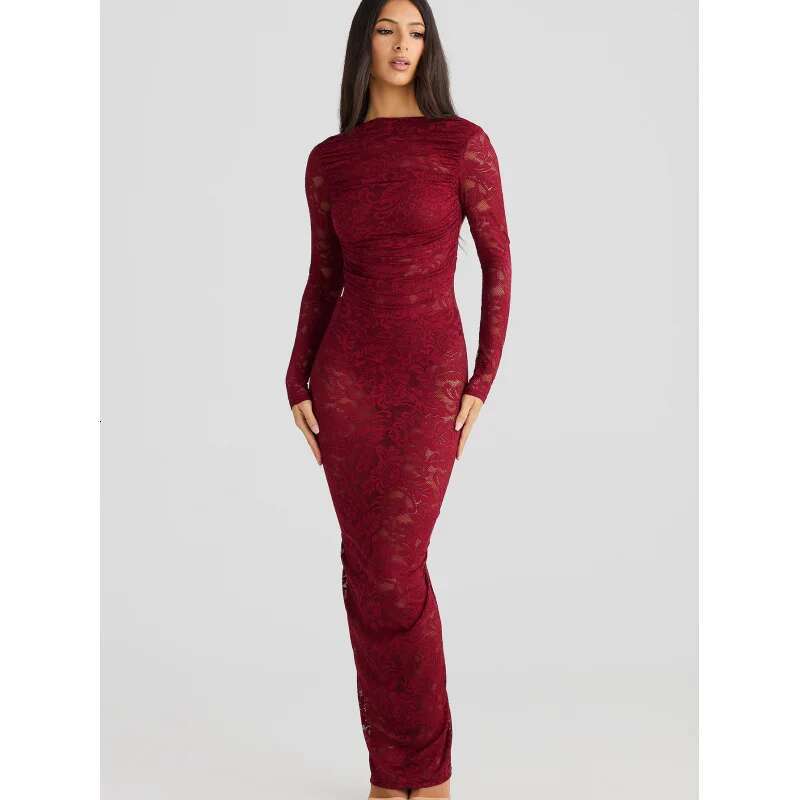 Dongdumaoyi Sexy Backless Kanten Bloemen Pure Slim Fit Bodycon Damesjurk Met Lange Mouwen C