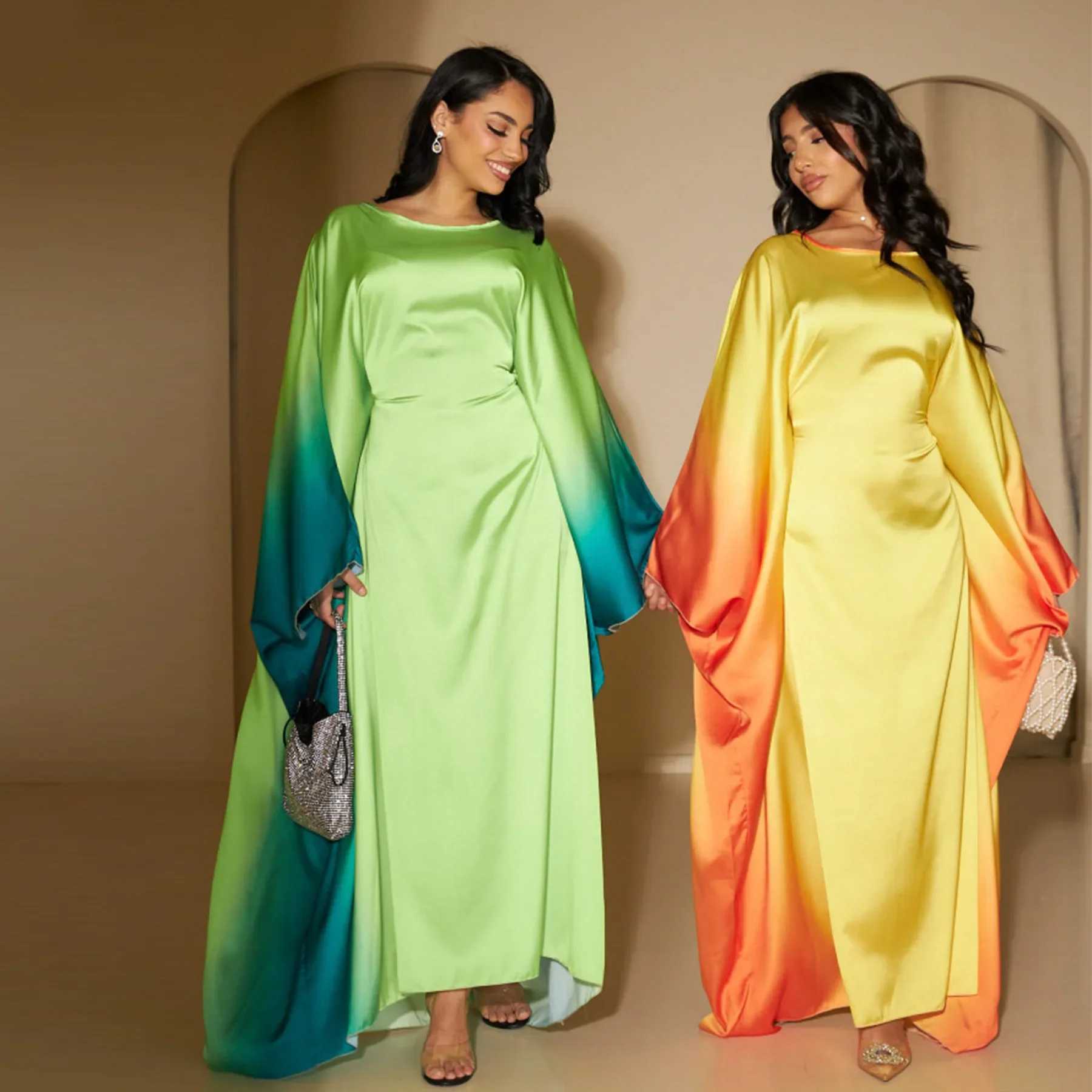 Butterfly Abaya Inside Belt Muslim Party Long Dress Gradient Satin Abayas for Women Dubai Turkey Islamic Clothes Eid Kaftan Robe X250514