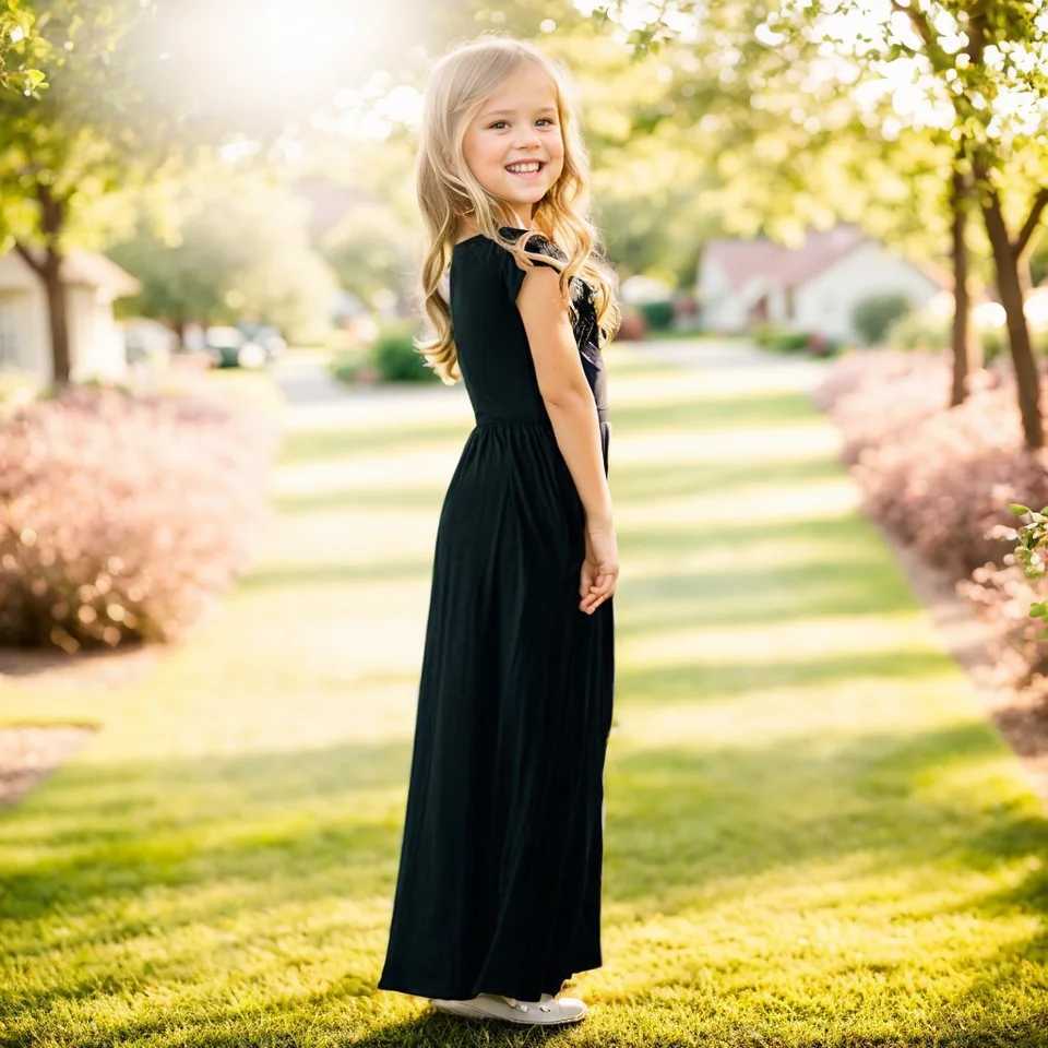 Summer girls new solid color short sleeved long skirt beach Par birthday casual fashion show version A-Line dress W250326