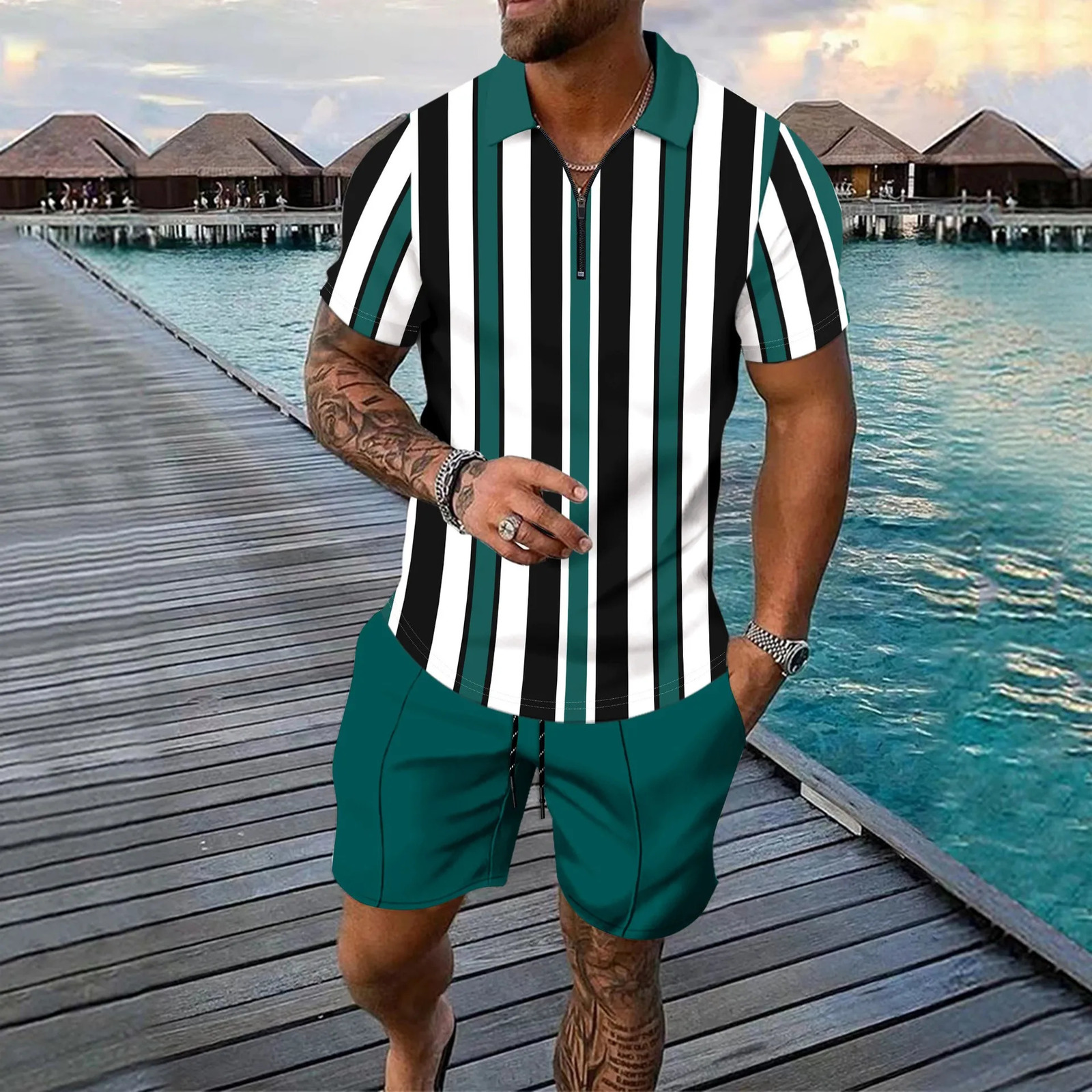 Summer casual short sleeved twopiece sports mens clothing 250327