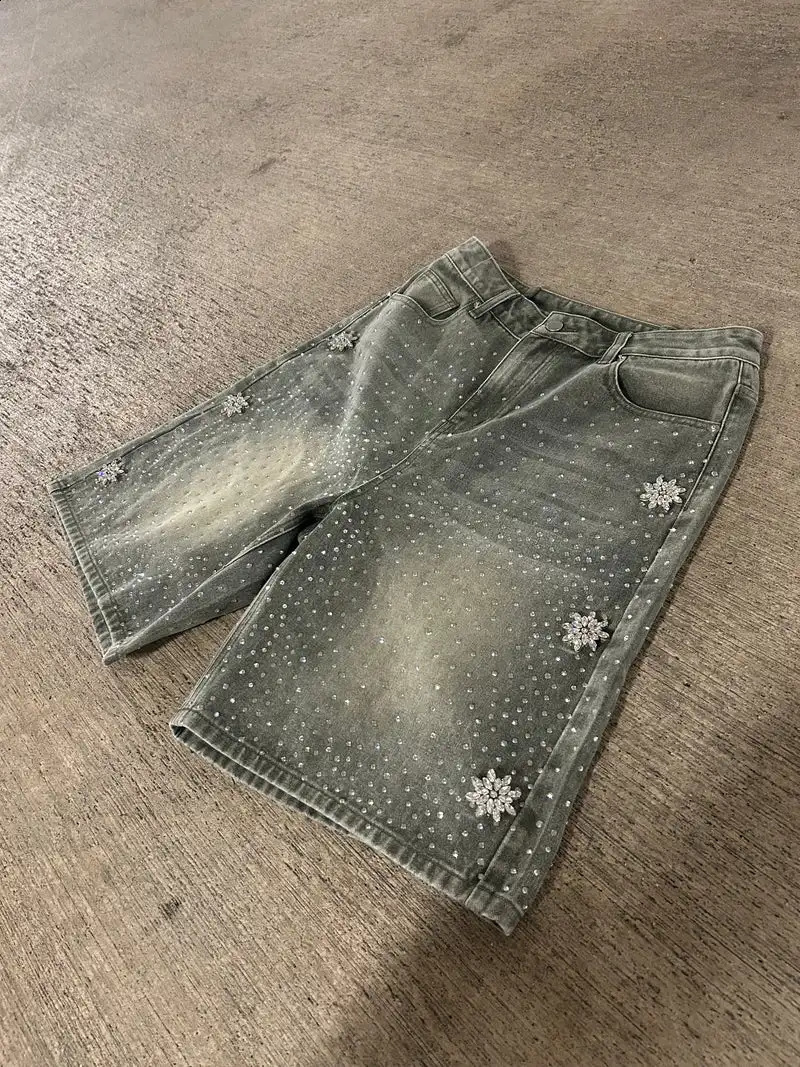 Summer Y2K retro washed blue Astro Jorts American Rhinestone fashion hip-hop denim shorts mens backpacks gym shorts streetwear 250327
