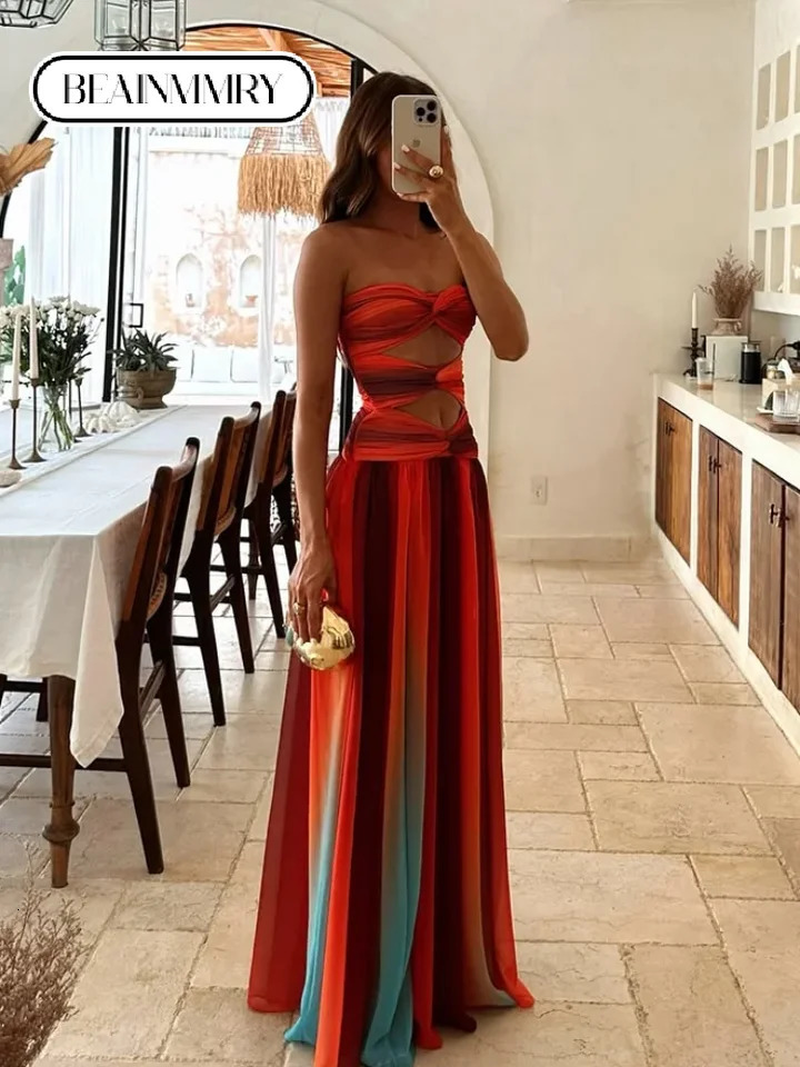Sexy summer holiday print strapless hollow dress fashion comparison colorful backless robe 2025 beach party vest 250324