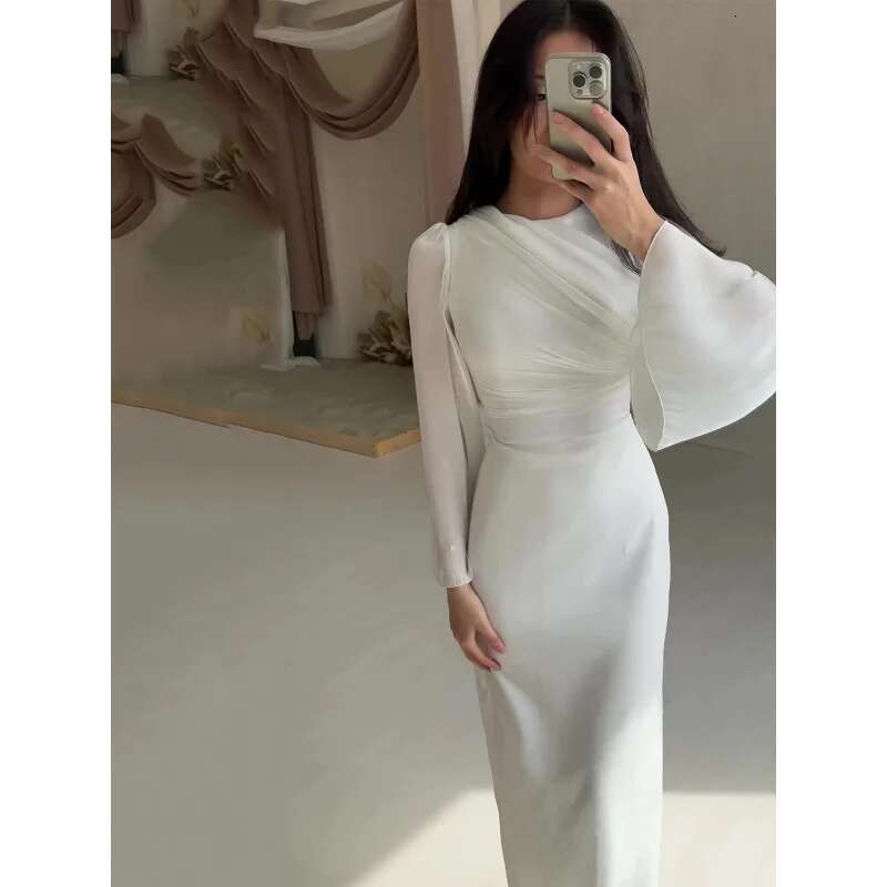 Dongdumaoyi Effen Kleur Eenvoudige Taille Knipperende Sexy Bodycon Jurk Lange Mouw Ruches Elegante High End C