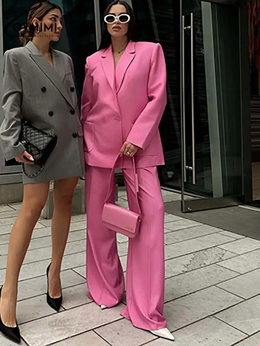 Oymimi Elegant Pink Printed Womens Two Piece Fashion Long Sleeve Pocket Button Jacket and Straight Trouser Set 250326