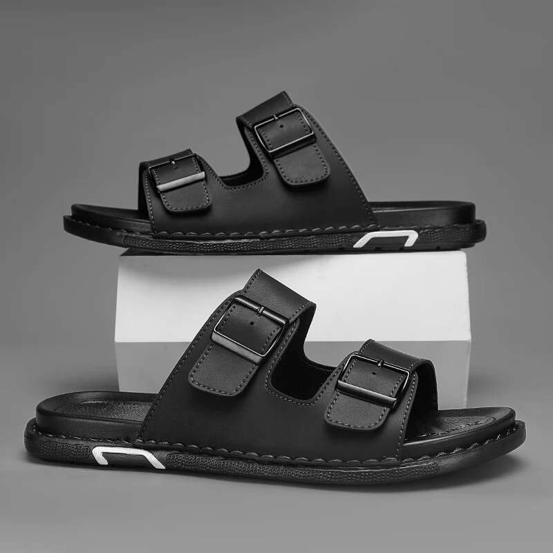 Fashion for men, PU leather, metal details, buckle strap, plus size, summer beach men's mid heeled shoes, sandals