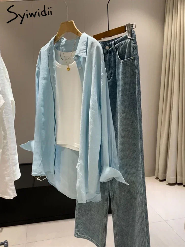 Syiwidii Blue Womens Linen Shirt Long Sleeve Elegant White Oversize Blouse Vintage Spring Basic Top Collar Cotton Linen Shirts 250326