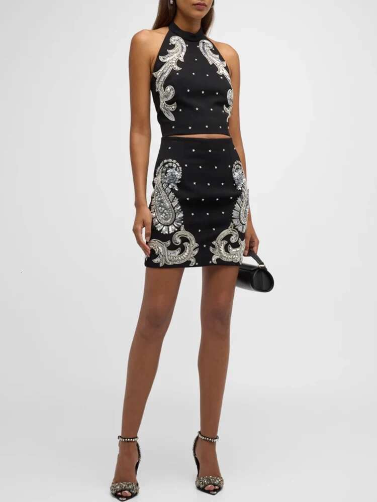 HIGH STREET Newest Fashion 2024 Designer Suit Women's Stunning Beaded Halter Neck Camis Top Mini Skirt Set 2pcs