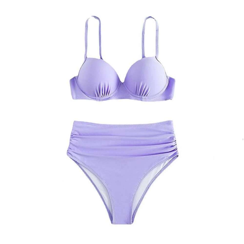 Solid Ruched Swimsuit High Waisted Women Sexy Red/Purple Two-Piece Bikini Set 2025 Summer New