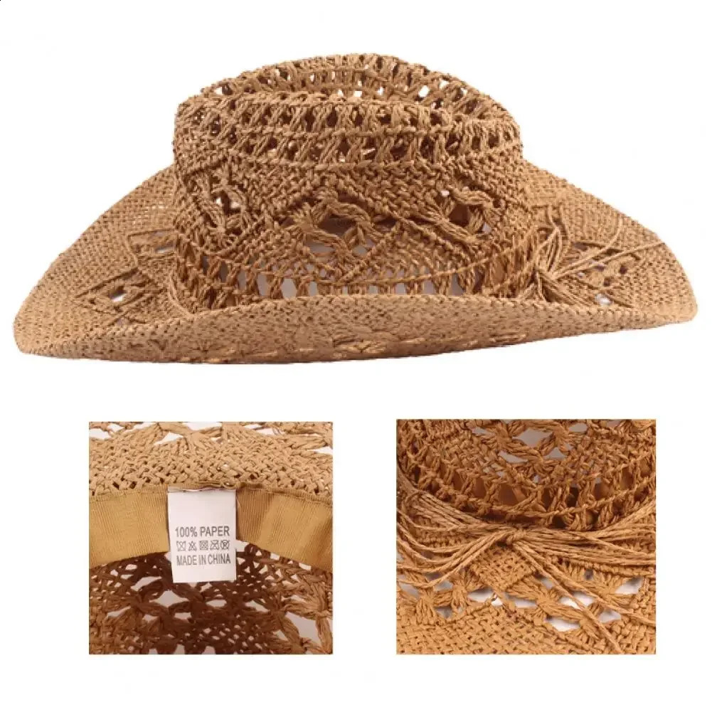 Straw Western Cowboy Hat for Women Men Classic Vintage Hollow Out Unisex Curled Wide Brim Sun Hat Fishing Hat Climbing Cap 250326