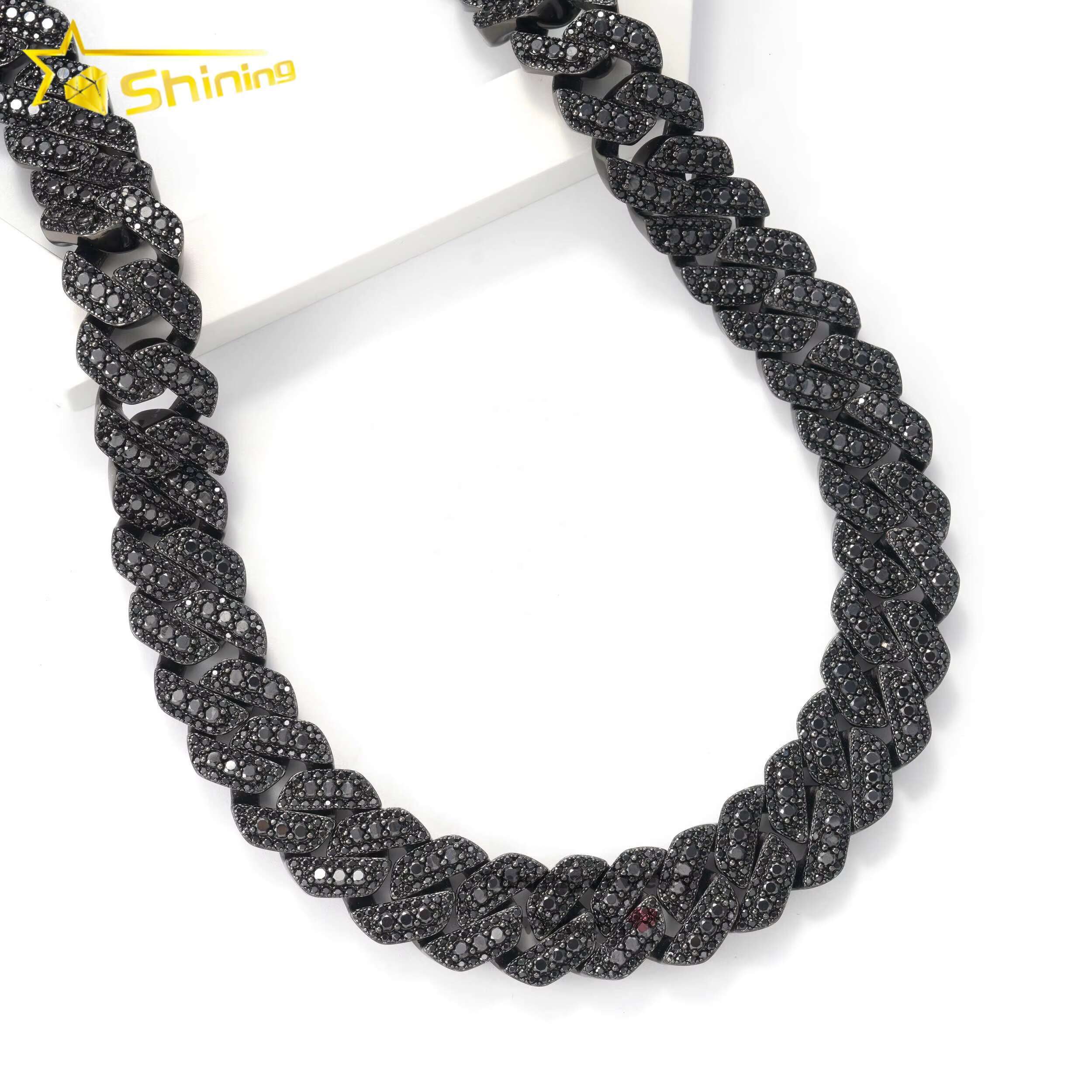 Thickness Big Hiphop Cuban Chain 925 Sterling Silver Black Gold Plated 18mm Moissanite Black Cuban Link Chain