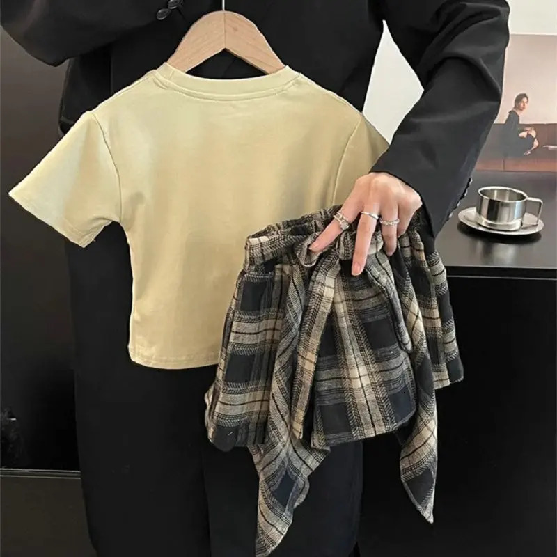 Summer Childrens Clothing Girl Set Fashionable Letter Stroke Edge Short Sleeved T-ShirtStreet Style Irregular Plaid Half Skirt 250326