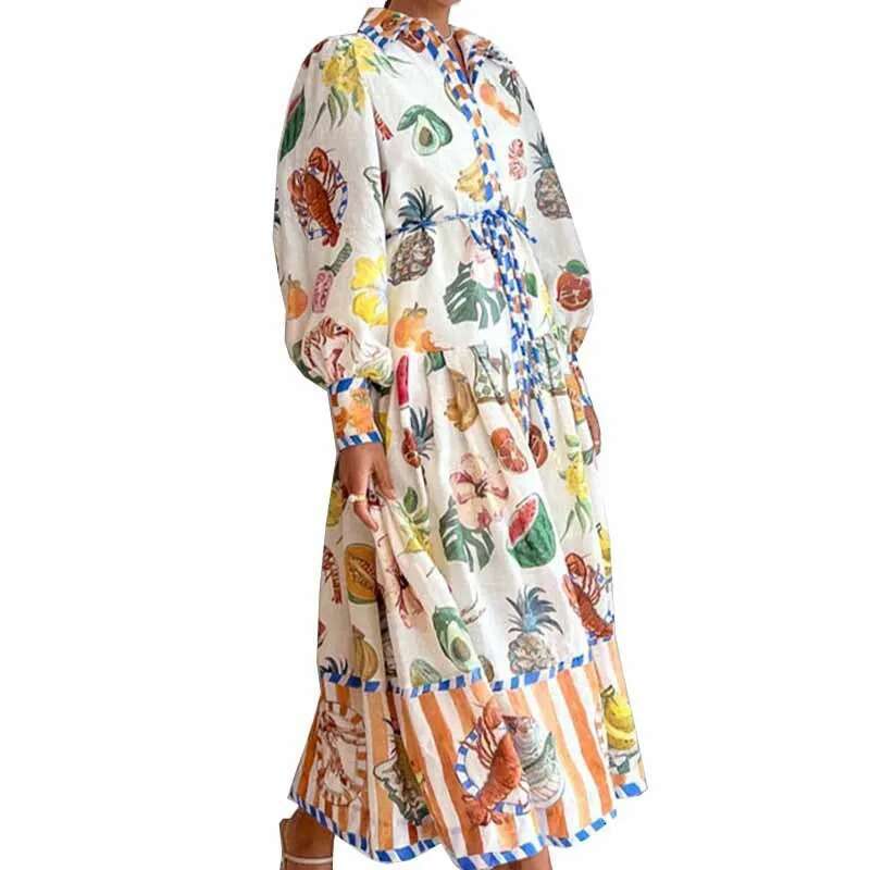 Dongdumaoyi Dames Lantaarnmouwen Print Kraag Taille Kalkende Lange Mouwen Flare Lentejurk C