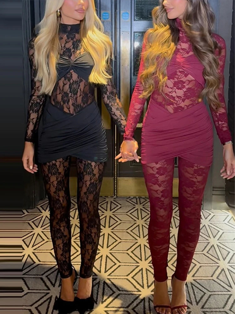 Sexy lace hollow outer jumpsuit womens turtle neck full sleeve slim fit hip bag springsummer fashionable set 250326