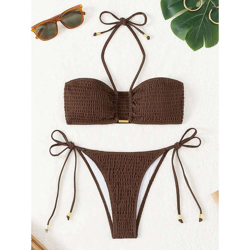 Halter Tie Side Pleated Smocked Women Bandeau Swimsuit Female Swimwear Two Pieces Bikini Set Bathing Suit Swim Beach Wear