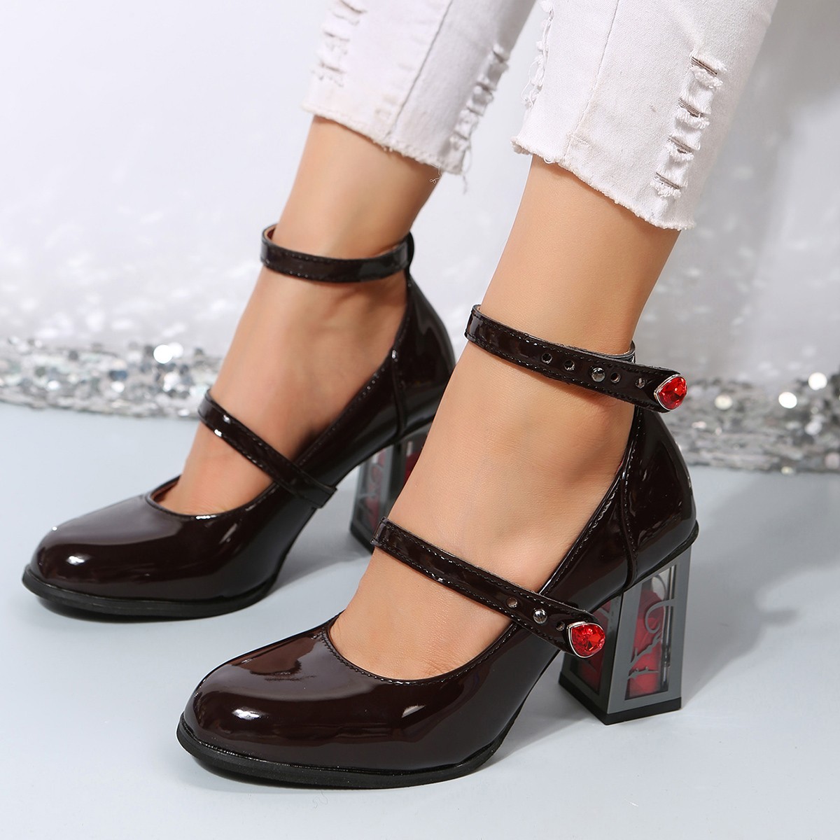 Women Punk Leather Shoes Gothic High Heels Pumps Rose Heeled Leather Lolita Shoes Woman Ankle Straps Shoes red bottom high heels tacones mujer