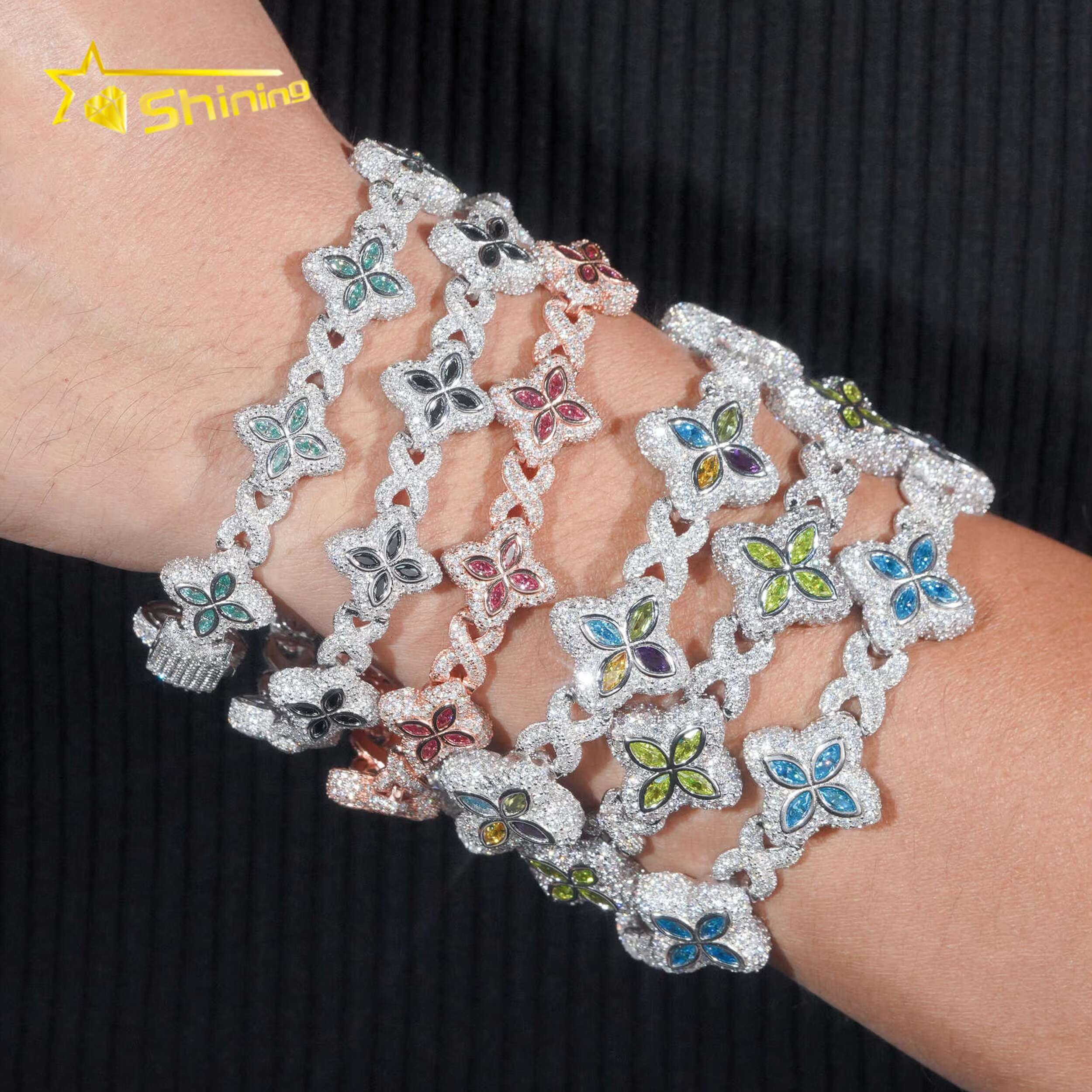 New Arrivals 925 Silver Color Marquise Clover Hip Hop Moissanite Diamond Infinity Link Bracelet