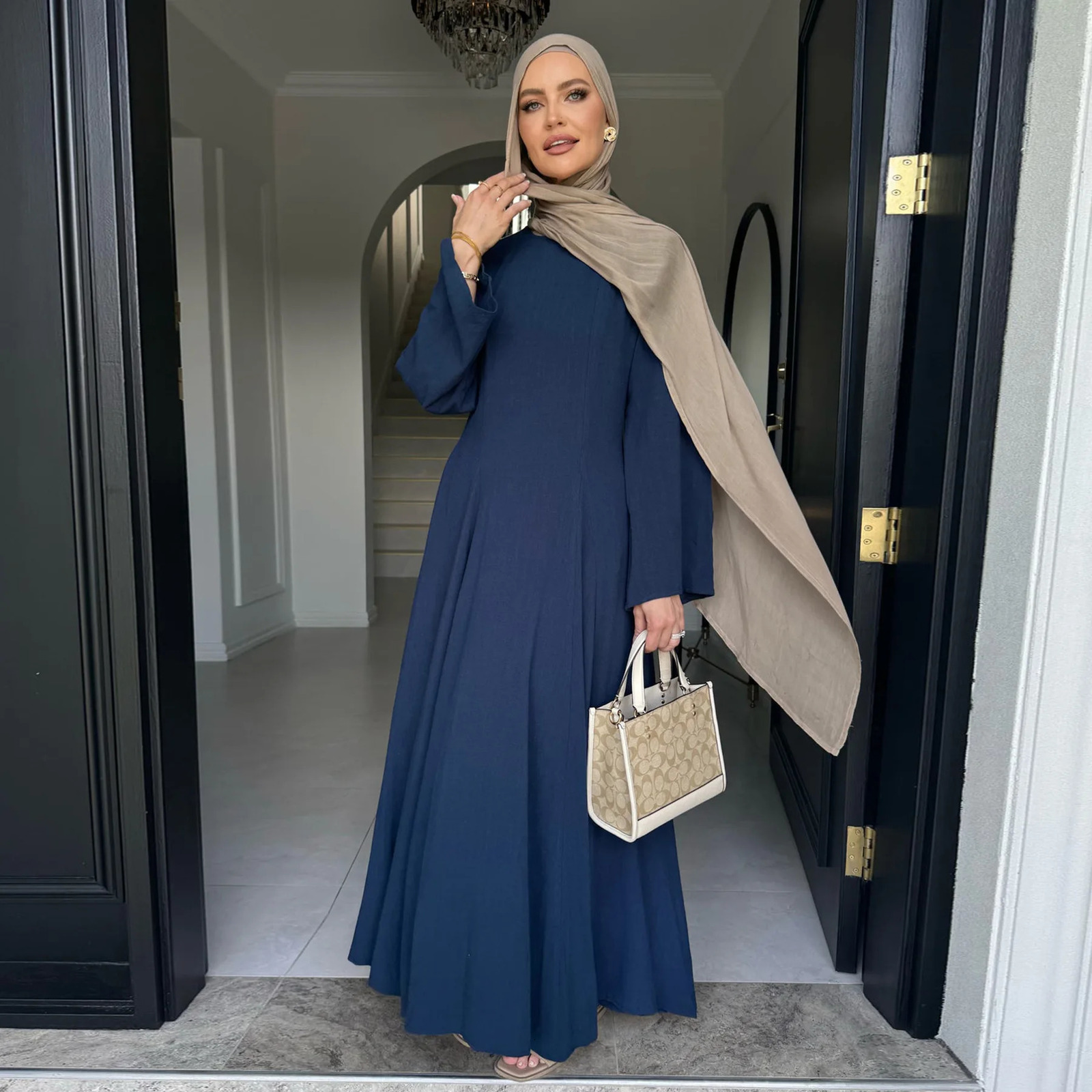 Muslim Womens Wear Dubai Abaya Solid Strap Adjustment Dress Islamic Modest Clothing 250326