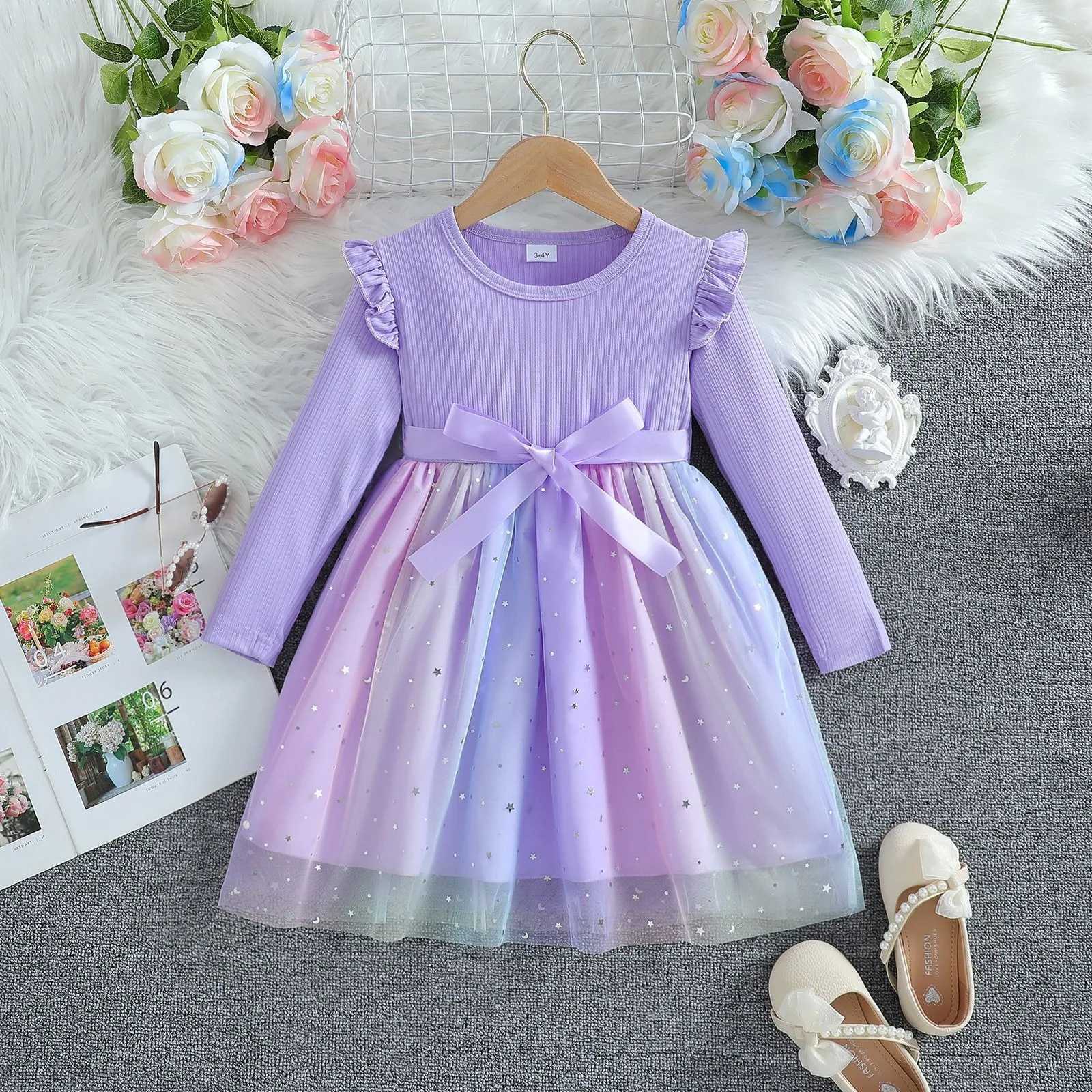 Girl Dress Blue Autumn Princess Dress Childrens Clothing Birthday Par Dress Pink Sleeping Childrens Fashion Rainbow 1-6Y W250326