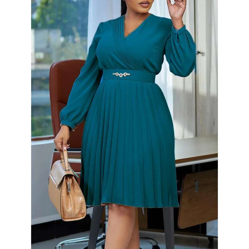 Dongdumaoyi Nieuwe Elegante Effen Kleur Geplooide Plus Size Jurk Met V Hals Chique En Tijdloze Stijl WD