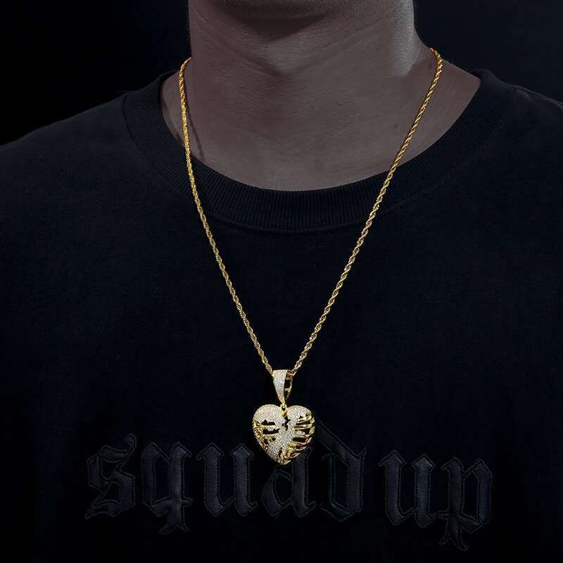 Hip Hop Iced Out Bling Hollow Heart Pendant Necklace 925 Sterling Silver Moissanite Heart Broke Pendant For Men Women Jewelry