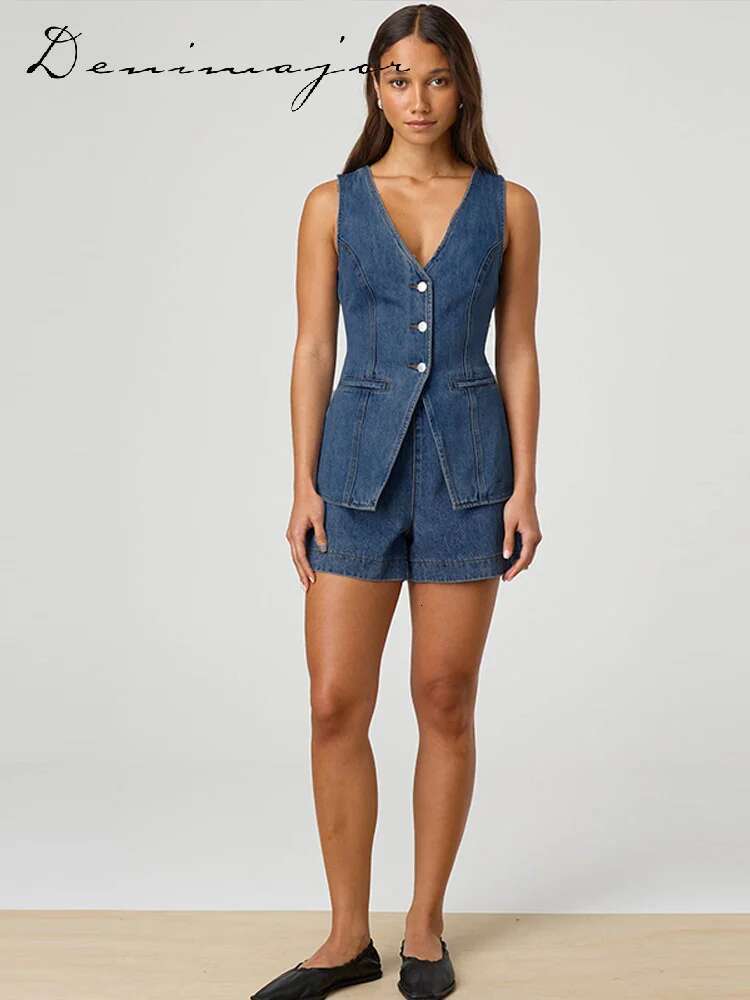 Street Denim Vest Set Women Solid Single Breasted V-Neck Sleeveless Top High Waist Shorts Female Summer Elegant Lady Suits