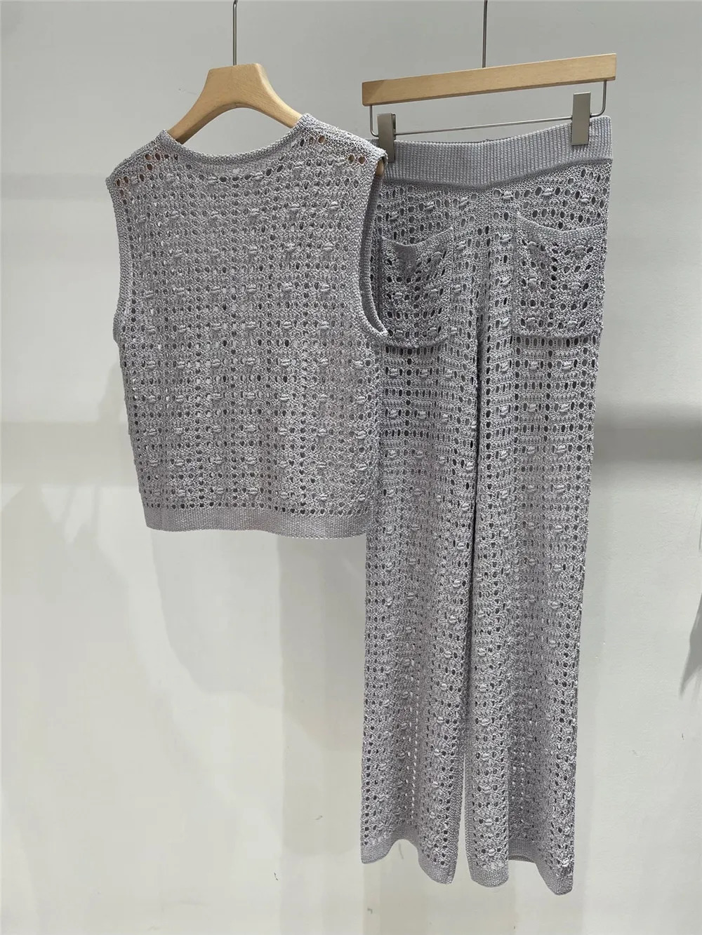 Womens casual pants set with hollow crochet sleeveless vest and elastic waist pants 2-piece set 250321