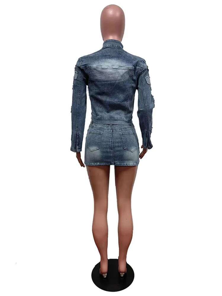 Patchwork Denim Jacket Skirt Suits Women Embroidery Zipper Long Sleeves Coat Mini Slim Skirts 2025 Spring Y2k Street Female Set
