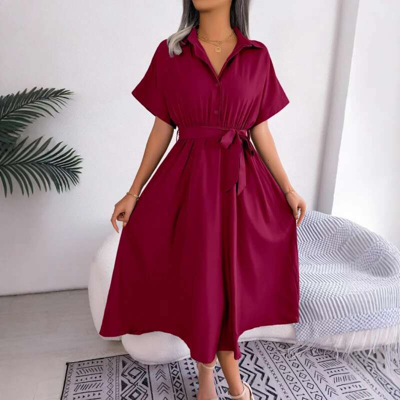 Dongdumaoyi Zomer Casual Losse Effen Kleur Stropdas Shirtjurk Lange Jurk C